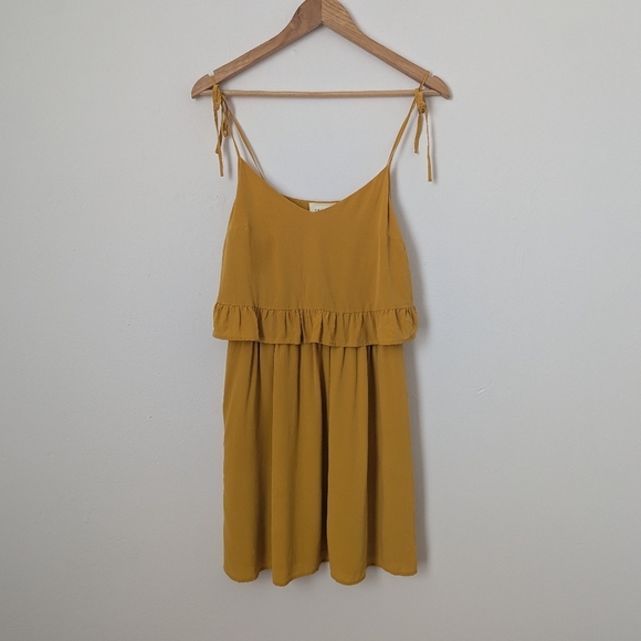 Sezane Mustard Yellow Silk Ashley Tiered Ruffle Layered Tie Strap Mini Dress - Picture 2 of 7